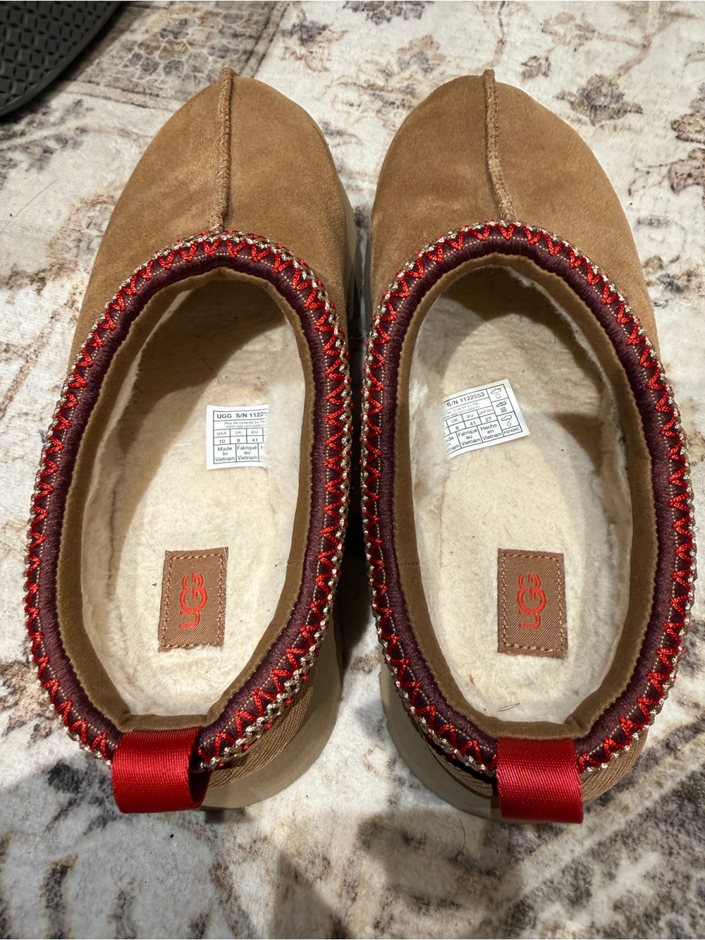 UGG women Chestnut Suede Slip-On Mules with Red Trim - Picture 2 of 4
